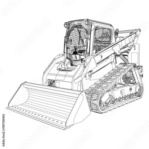 Backhoe Excavator Machine Vector. Heavy machinery with tracks and a bucket. Cabin interior visible through open window. Lines detail moving parts and metal structure. Ideal for construction.