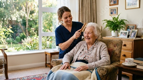 A volunteer caregiver gently brushing the hair of a smiling elderly woman in a bright retirement home room, warm natural light, dignified and compassionate morning grooming assistance atmosphere,