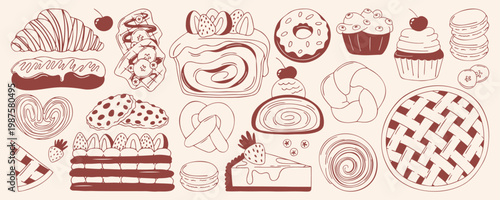 Pastry set with popular dessert of donut, macaron, mille feuille, croissant, eclair, strudel. Brown outline doodle flat retro style. Minimalist hand drawn bakery elements collection isolated on beige