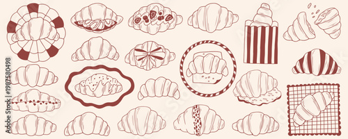 Croissants set, brown outline doodle flat retro style. Minimalist hand drawn bakery elements collection, pastries with chocolate, berries, bows for bakery menu, print, cafe decor, isolated on beige
