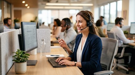 A female call center agent wearing a professional headset seated at a modern workstation, warm office lighting, colleagues visible in the blurred background, focused and helpful expression during a