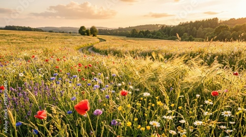 Warm summer light glowing over vibrant flowers and gently rustling grass in a sunlit field, soft breeze and rich color creating natural movement, golden daylight, carefree pastoral atmosphere,