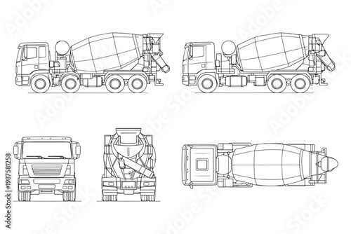 Concrete Mixer Truck Technical Line Drawing Vector Set Showing Multiple Views and Blueprint Details