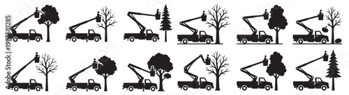 Arborist Tree Trimming With Bucket Truck Silhouettes Set: Tree Care And Maintenance Icons