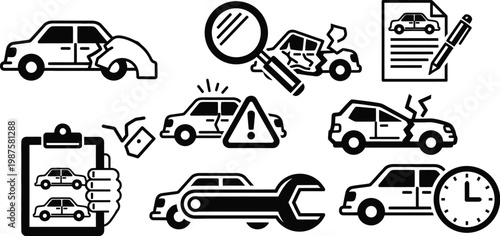 Cars icon set automotive repair insurance and vehicle maintenance symbols