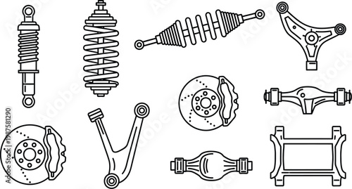 Cars icon set automotive suspension parts shock absorbers springs and chassis components