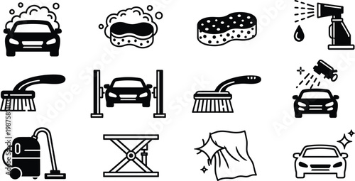 Cars icon set comprehensive collection of automotive washing detailing symbols