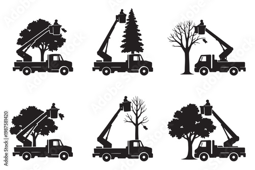 Tree Trimming and Arborist Bucket Trucks Silhouettes With Workers in Cherry Pickers and Lifts