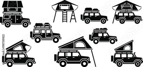 Cars icon set black silhouette collection of off road vehicles with roof tents