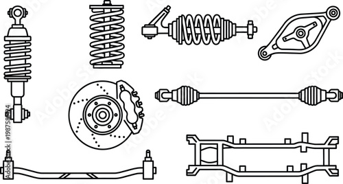 Cars icon set automotive parts shock absorber brake disc and chassis components