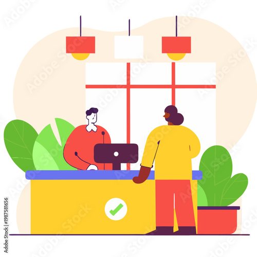 Male Receptionist Serving Female Customer at Modern Office or Hotel Counter