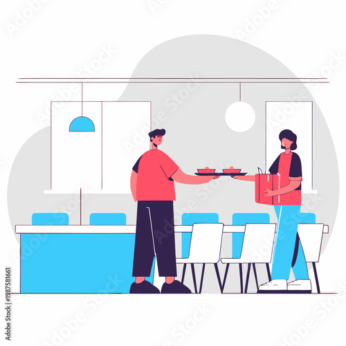 Male Waiter Serving Food Tray to Customer in Modern Restaurant Interior