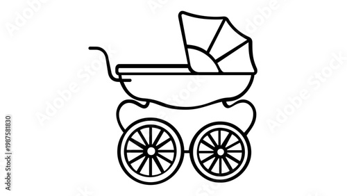 Minimalist black and white line art vector icon illusration of a classic vintag baby carriage pram for neborn transportation, idealfor nursery decor, parentig apps, and baby care braning.