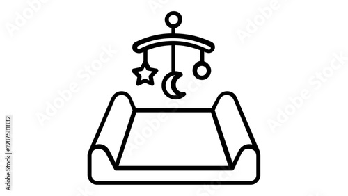 Baby Changing Table with Hanging Mobile Vector Icon Ilustration. Minimalist Lin Art of Nursery Furniture or Infant Care, Featuring tar and Moon Toys for Newbrn Room Decor and Essentias.