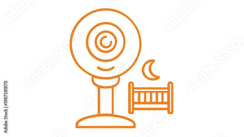Orange minimalist baby monitor camera vector icon illstration for nursery safet and child monitoring. Feaures a security camera wit a crib and moon symbol, prfect for parenting apps ad smart