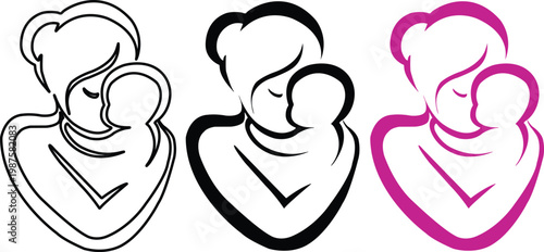 Mother Child Heart Logo Vector Black Pink Motherhood Love Baby Symbol Set