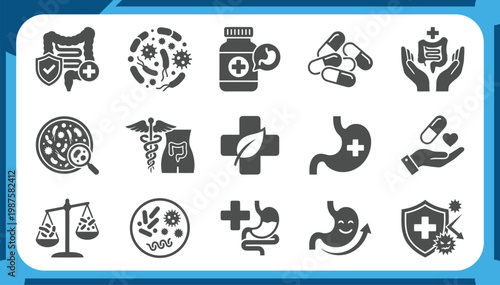 Large Collection of Probiotics Icons Featuring Digestive Health, Good Bacteria, Stomach Care, Gut Flora Balance, Supplement Capsules and Medical Gastroenterology Graphic Elements Vector Set