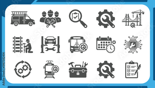 Large Collection of Maintenance Icons Featuring Industrial Repair Service, Technical Support Team, Construction Tools, Vehicle Mechanics and Engineering Infrastructure Graphic Elements Vector Set