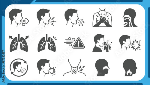 Large Collection of Respiratory Infection Icons Featuring Chronic Cough, Chest Pain, Sore Throat, Lung Disease, Air Quality Warning and Healthcare Symptoms Graphic Elements Vector Set