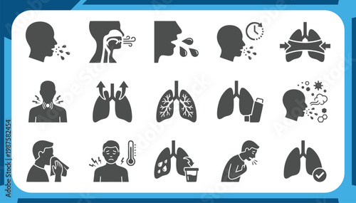Large Collection of Respiratory Health Icons Featuring Asthma Symptoms, Lung Infection, Inhaler Usage, Coughing, Sneezing and Pulmonary Care Graphic Elements Vector Set