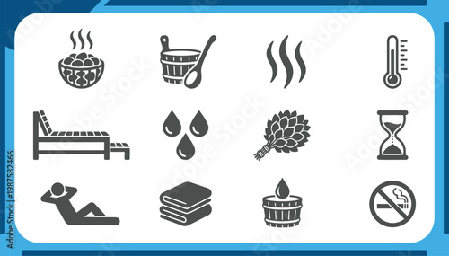 Large Collection of Sauna Icons Featuring Spa Wellness Culture, Steam Room Accessories, Hot Stones, Wooden Bucket, Relaxation Therapy and Health Graphic Elements Vector Set