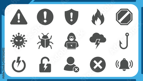 Large Collection of Cyber Security Threat Icons Featuring Hacker Activity, Phishing Hook, Computer Virus, Warning Alerts and Digital Risk Protection Graphic Elements Vector Set