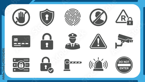 Large Collection of Security Icons Featuring Biometric Fingerprint, CCTV Surveillance, Data Privacy Lock, Access Control Barrier and Safety Warning Graphic Elements Vector Set