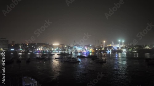 A view of the Nile River and boats from Aswan, Egypt.