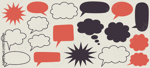 Collection of various speech bubbles and thought balloons in red dark gray and off white colors featuring starburst shapes rounded rectangles and cloud outlines on a neutral beige background