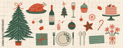 Hand drawn christmas set featuring a decorated tree roasted turkey wine bottle champagne flute cupcake layered cake gift box dinner plate silverware candy cane and festive ornaments