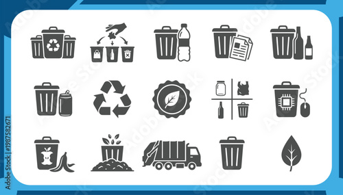 Large Collection of Waste Management Icons Featuring Garbage Sorting, Recycling Symbol, Electronic Waste, Organic Compost and Sustainable Ecology Graphic Elements Vector Set