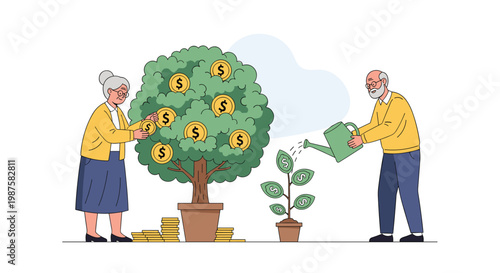 Senior man and woman happily caring for their retirement savings by watering and harvesting coins from a large money tree.
