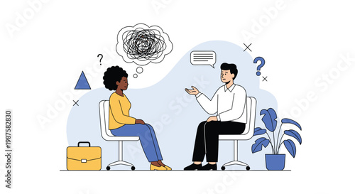 Young woman discussing her complicated thoughts with a professional male therapist in a calm office setting during therapy.