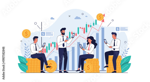 Group of professional investors sitting on coin stacks and using their smartphones to monitor real-time stock market charts.