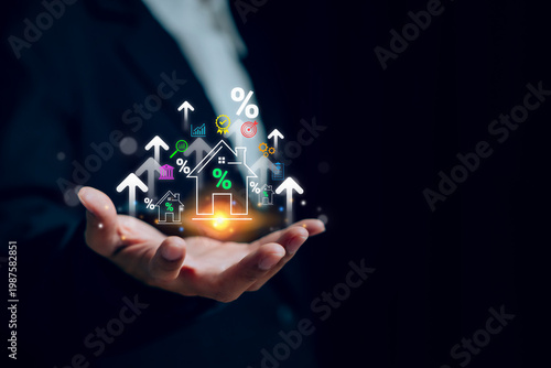 Real estate growth investment concept, hand holding house icon with percentage increase and upward arrows, property value expansion and housing market trend