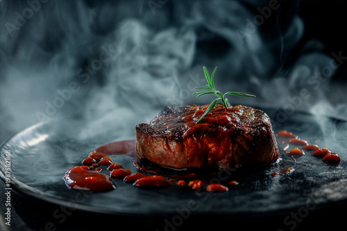 Dark still life of a premium steak with glossy sauce, dramatic rim lighting and smoke against a black background, showcasing rich textures in ultra-realistic food photography.