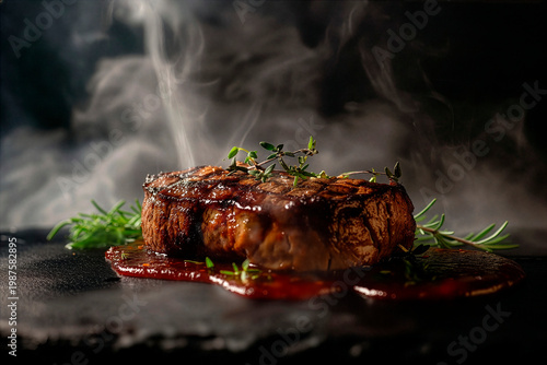 Dark still life of a premium steak with glossy sauce, dramatic rim lighting and smoke against a black background, showcasing rich textures in ultra-realistic food photography.