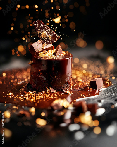 Dark luxury dessert featuring chocolate cake with gold flakes and glossy glaze on black marble, lit by a soft spotlight with shallow depth of field in cinematic ultra-realistic style.