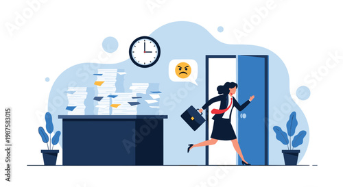 Stressed businesswoman carrying a briefcase and running out of her office past a stack of papers and an angry clock face.