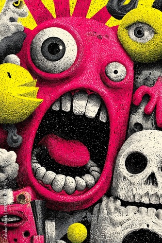 A collection of quirky and colorful monsters with exaggerated features, creating a vibrant and eye-catching artwork. The central monster has a gaping mouth