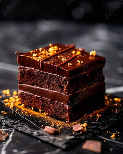 Dark luxury dessert featuring chocolate cake with gold flakes and glossy glaze on black marble, lit by a soft spotlight with shallow depth of field in cinematic ultra-realistic style.