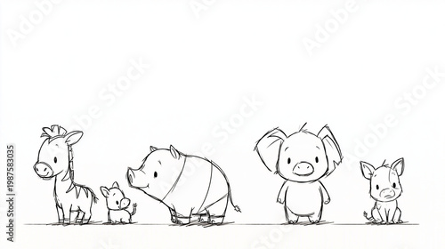 Charming Animals Sketch: A whimsical sketch brings to life a group of endearing animals, each with unique character, capturing the essence of playful wildlife art and creativity. 