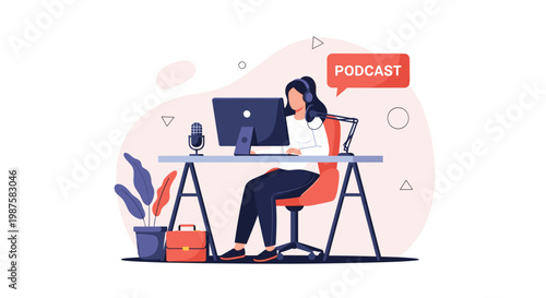Professional woman wearing headphones and sitting at her desk with a microphone to record a podcast on her computer.