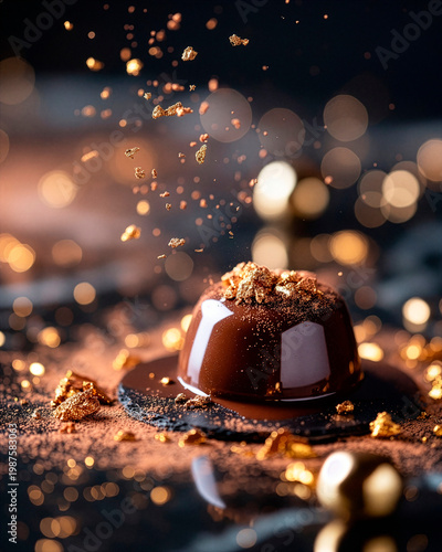 Dark luxury dessert featuring chocolate cake with gold flakes and glossy glaze on black marble, lit by a soft spotlight with shallow depth of field in cinematic ultra-realistic style.