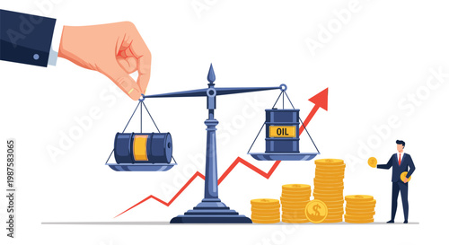 Giant hand balances oil barrel against stacks of gold coins on scales illustrating global energy market prices and economic impact.