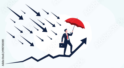 Determined businessman holding red umbrella stands on rising financial growth arrow protecting himself from falling downward trend arrows.