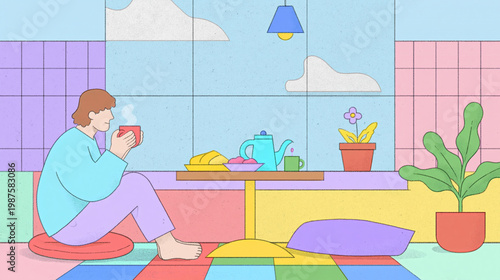 Serene Solitude in Home: A person enjoys a moment of calm and introspection, sipping from a warm mug in a colorfully decorated home environment. A cup of coffee, the aroma rising.