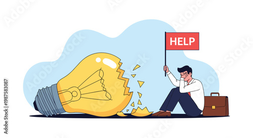 Depressed businessman sits on the ground next to a large broken lightbulb holding a help flag representing creative failure and burnout.