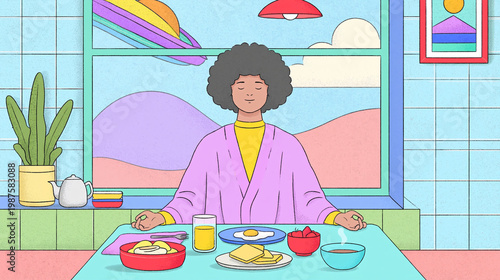Morning Meal Contemplation: In a vibrant, illustrative kitchen setting, a person calmly enjoys a breakfast with an expression of contentment.