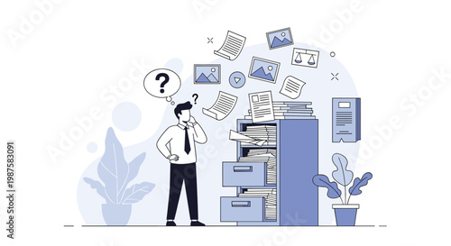 Confused office worker stands before a messy filing cabinet with papers flying everywhere symbolizing disorganized data and document management.